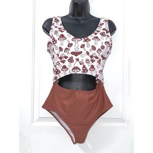 Mushroom Print Brown Cutout One Piece Swimsuit, size medium
